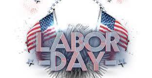 Labor Day graphic, red white and blue, with American flags and fire works.